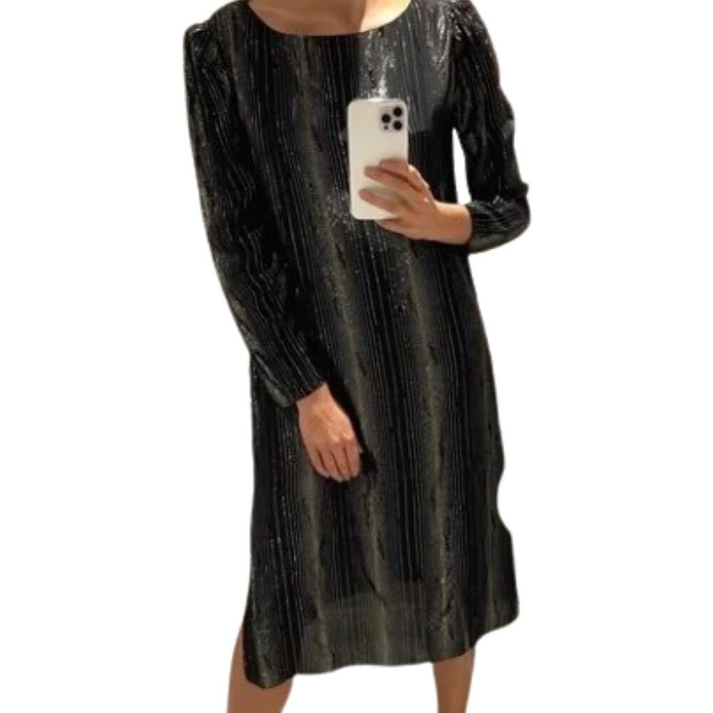 Vintage 80s Black Gold Silver Shimmer Long Sleeve Dress size 7 / 8 Shangri La